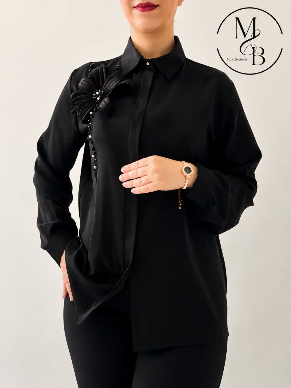 شومیز زنانه جلو دکمه گلدوزی مجلسی مشکی